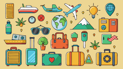 Travel vacation icons set colorful luggage planes and ships flat style vector
