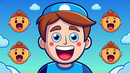 Cheerful boy character surrounded by baby emoticons with blue sky backdrop illustration