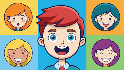 Colorful cartoon character faces illustration diverse group of smiling people
