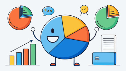 Cheerful pie chart mascot presenting business growth and data analysis concepts