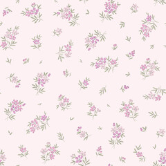 Beautiful floral pattern in small gentle flowers. Small light lilac flowers. Ivory pink background. Ditsy print. Floral seamless background. Vintage template for fashion prints. Stock print pattern