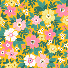 Cute vector feminine seamless bright pattern with small tiny wildflowers, hand drawn. Beautiful digital textile seamless floral pattern, yellow background. Ditsy background. Pink and white flowers. 
