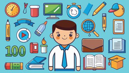 Colorful school supplies and student character icon illustration on blue background
