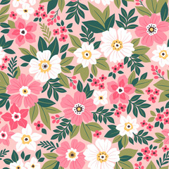 Beautiful floral pattern in small flowers. Small pastel pink and white flowers. Light pink background. Ditsy print. Floral seamless background. Gentle template for fashion prints. Stock vector pattern