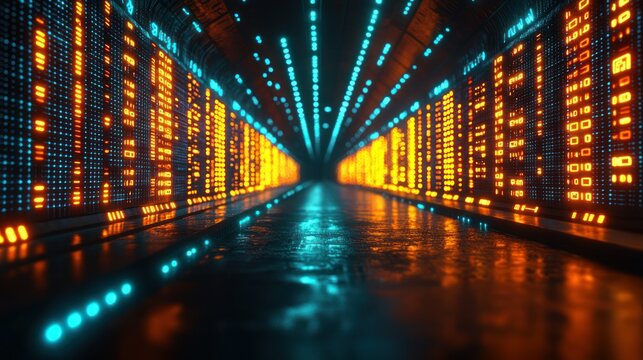 Futuristic server tunnel with vibrant glowing panels