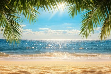 Fototapeta premium Palm Tree Fronds Framing Sunny Ocean Beach with Waves and Sparkling Light