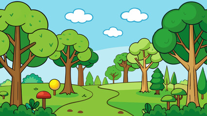 Cartoon nature landscape with trees grass and clouds illustration for children