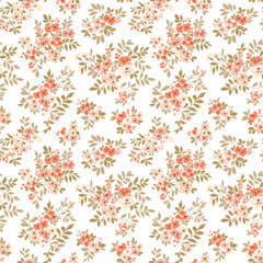 Beautiful floral pattern in small vintage flowers. Small white and red flowers. White background. Ditsy print. Spring Floral seamless background. Gentle template for fashion prints. Stock pattern.