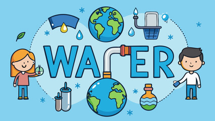 Water conservation awareness with children illustration and earth globes on blue background