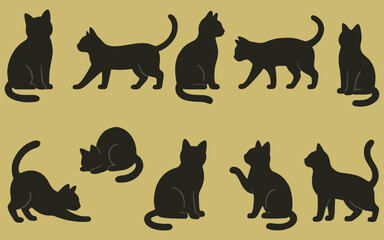 Vector Black Cat Silhouettes in Various Poses on Yellow Background