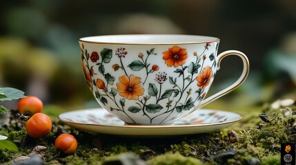 Fototapeta premium Bone china teacup captured using macro photography in a forest setting The fine details of the cups floral pattern are in sharp focus with a blurred green backdrop adding a touch of nature