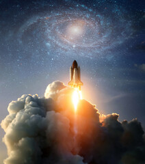 Collage, not AI.  The spaceship takes off into the starry sky and galaxy. A rocket is launched into space. Elements of this image furnished by NASA.