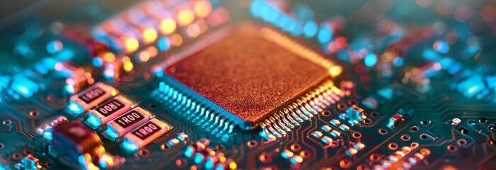 Computer Microchips and Processors on Electronic circuit board. Abstract technology...