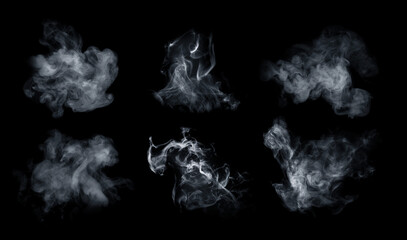 Fog or smoke set isolated on black background. White cloudiness, mist or smog background.
