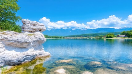 Fototapeta premium Serene lake with white rock formations under a vibrant blue sky
