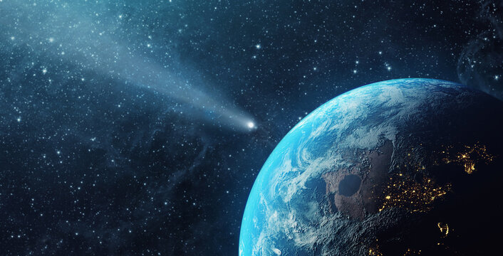 Comet, asteroid, meteorite flying to the planet Earth.  Glowing asteroid and tail of a falling comet threatening the safety of the Earth.  Elements of this image furnished by NASA.