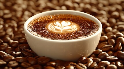 Coffee cup with latte art nestled in beans