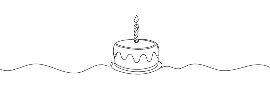 Continuous one line drawing of birthday cake with candles. Symbol of sweet celebration torte and pastry confectionery icon concept in simple linear style. Editable stroke