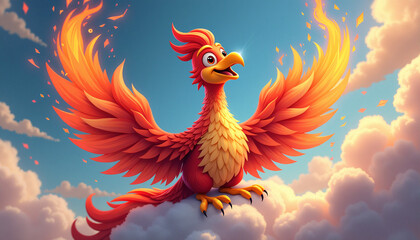 Fototapeta premium Playful baby phoenix bird flying in the sky with fiery wings
