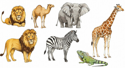 Naklejka premium Colorful Safari Animals Group on White Background - Watercolor Style Illustration