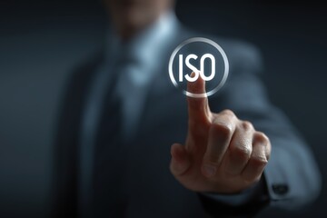 Businessman in Suit Touching ISO Certification Icon on Digital Screen, Close up
