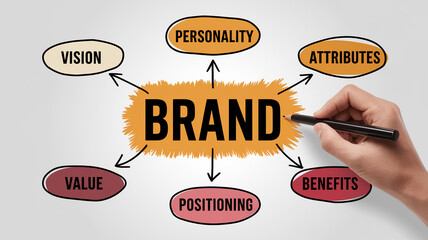 Hand drawing brand strategy mind map, showing brand in center, connected to vision, personality, attributes, value, benefits and positioning, illustrating brand building process