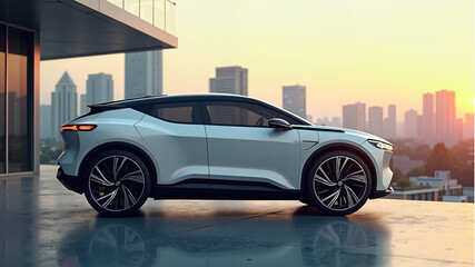 Eco-car of the future: stylish electric car against the backdrop of the city landscape