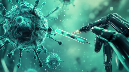 A digital artwork of futuristic nanobots injecting bioengineered microorganisms into a patient for personalized immune therapy