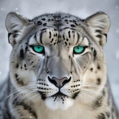 Fototapeta premium Close-up portrait of a snow leopard with striking turquoise eyes, featuring distinctive spotted fur, surrounded by a soft snowy background.
