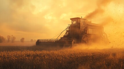 Naklejka premium Antique Combine Harvesting Wheat Field at Sunset in Golden Light