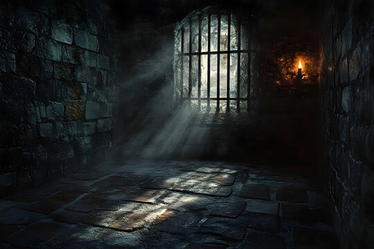 Medieval dungeon cell illuminated by a barred window.