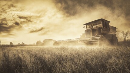 Naklejka premium Harvesting Wheat Field with Combine Harvester on Farm During Daytime