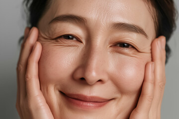 Detailed portrait focusing on the face of an elderly Korean woman, highlighting her smooth and well-cared-for skin. Perfect for illustrating beauty in aging, skincare effectiveness, and authentic port