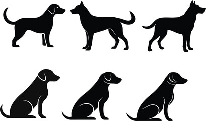 A black vector icon set featuring various dog silhouettes in different poses and styles, perfect for pet designs, logos, labels, and animal-themed graphics.