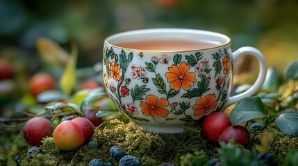 Fototapeta premium Bone china teacup captured using macro photography in a forest setting The fine details of the cups floral pattern are in sharp focus with a blurred green backdrop adding a touch of nature