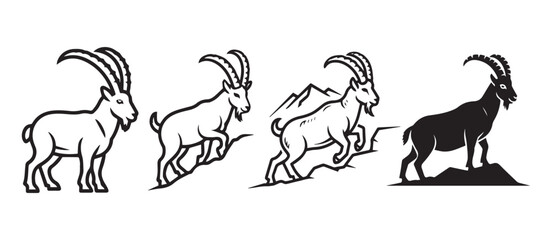 Elegant ibex icon in minimalist line art style, perfect for logos, badges, nature illustrations, and adventure branding. Fully editable vector file included.