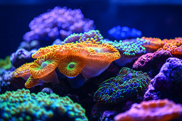 Fototapeta premium Bioluminescent exotic coral glowing in deep sea darkness with vivid light spots and soft textures, generative ai