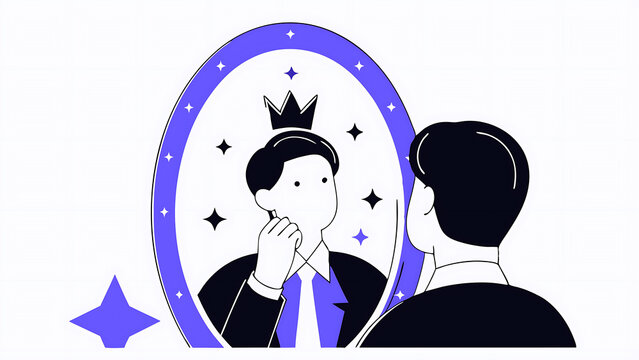 narcissist people extreme self involvement too much confident disorder so proud attitude egocentric person narcissism businessman admire himself and proud of his crown with love and stars around