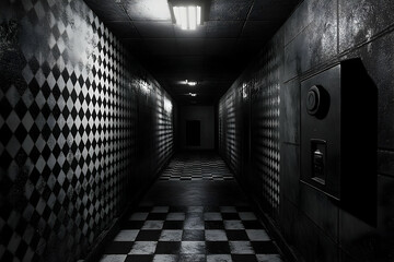 Black and white corridor, ominous and unsettling.