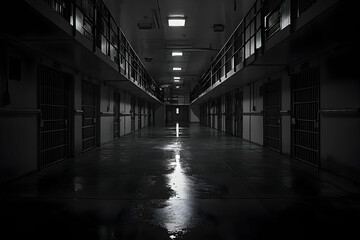 Empty prison cell blocks, a stark, institutional view.