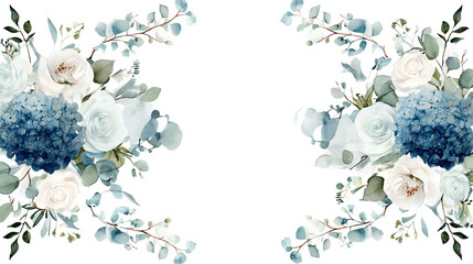 Watercolor rose and blue floral frame Background