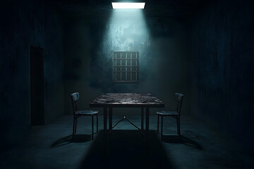 A dimly lit, concrete interrogation room.