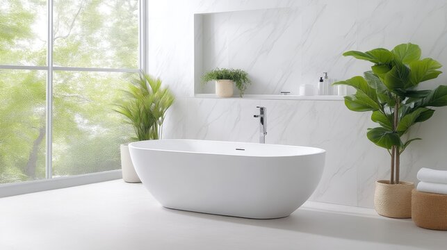 Modern, bright bathroom with soaking tub and natural light. Lush greenery complements the clean, minimalist aesthetic