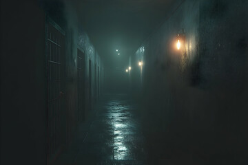 Dim, fog-filled corridor of a decaying prison.
