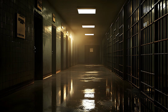 Dimly lit prison corridor, reflecting light and shadows.