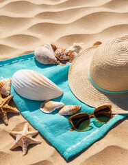 Bright beach towel, sunhat, and sunglasses lying on golden sand with seashells scattered around. Turquoise sea blurs in the background.