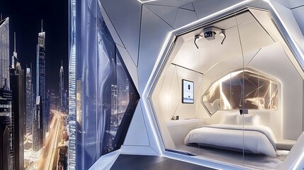 Fototapeta premium Futuristic cityscape hotel with sleek geometric architecture