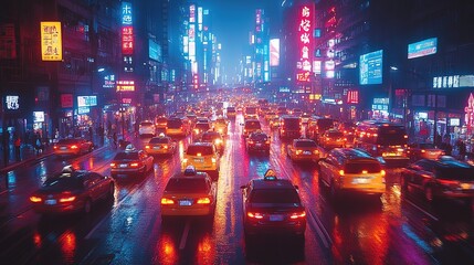 Busy city street at night, vibrant neon lights, heavy traffic, rain