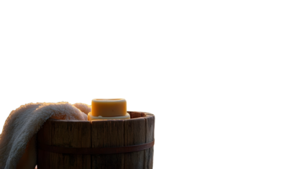 Serenity in nature with a wooden bucket and handmade soap by a tranquil stream at sunrise