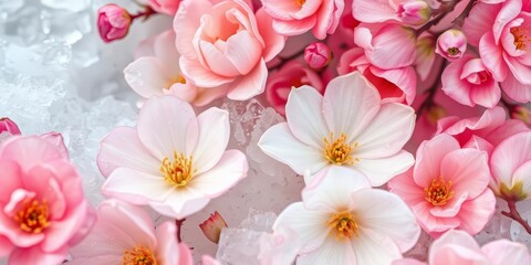 Wilted pastel blooms, frozen in clear ice, delicate summer hues, green, floral